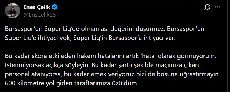 Bursaspor Başkanı Enes Çelik ateş püskürdü: 'İstenmiyorsak açıkça...