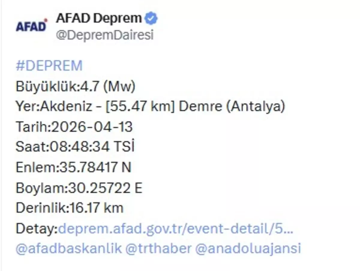 Antalya Demre Açıklarında 4.7 Şiddetinde Deprem Panik Yarattı